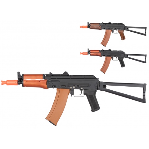 Double Bell AK74U AEG Airsoft Rifle w/ Folding Triangle Stock - BLACK / WOOD