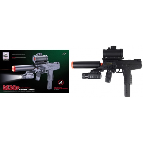 Double Eagle Airsoft M30P Uzi Spring Pistol w/ Accessories - BLACK